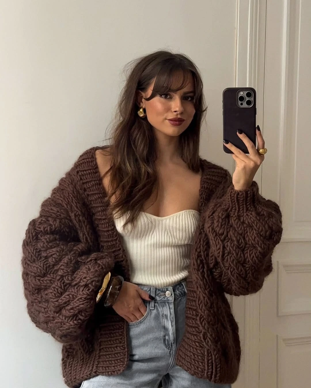 10- Chocolate Chunky Cardigan with a Ribbed Bustier
