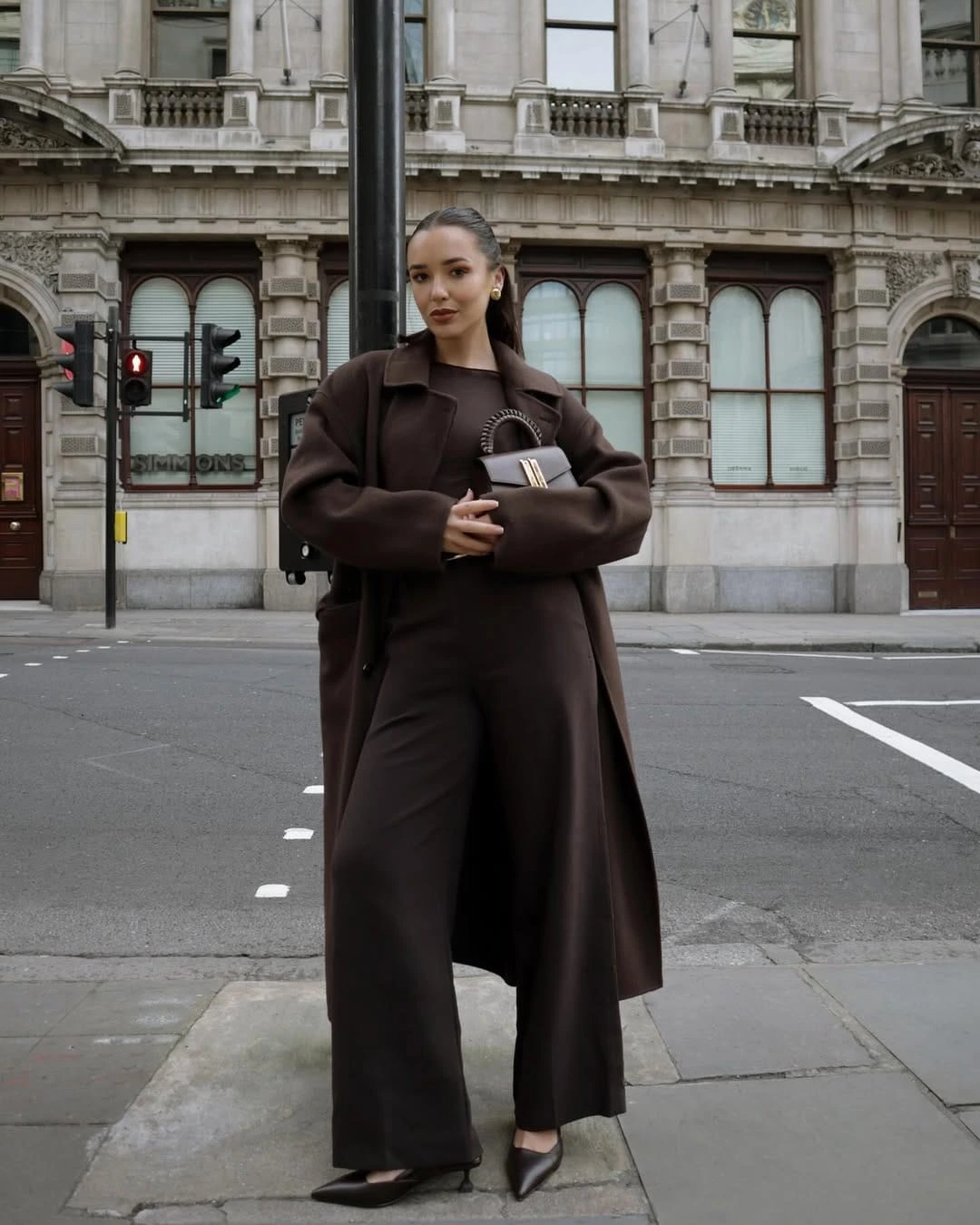 7- Chocolate Overcoat and Tailored Trousers