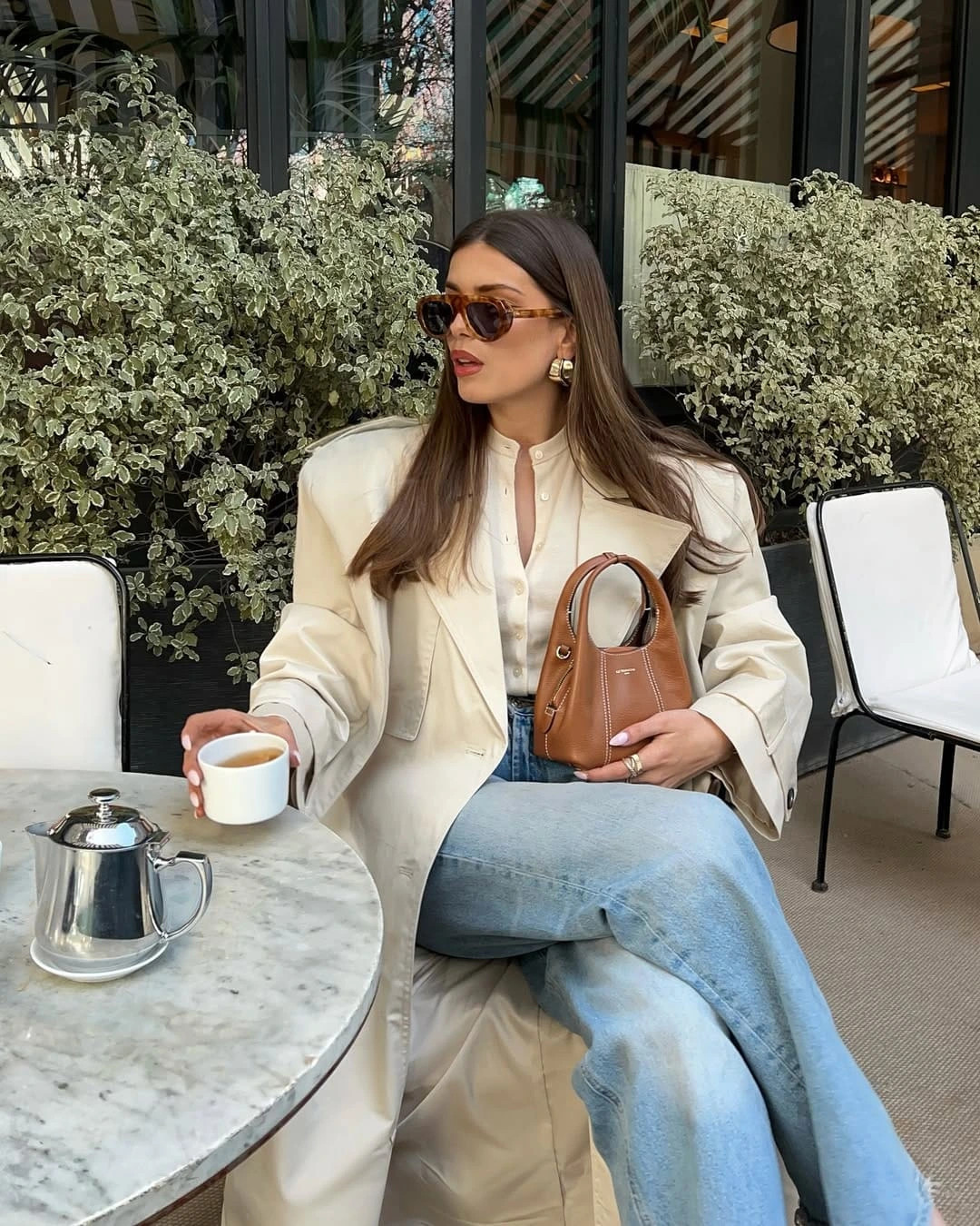 1- Cream Blouse, Trench, and Light-Wash Jeans