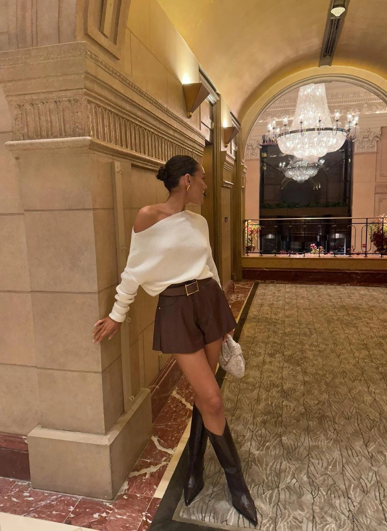 19- Cream Sweater and Brown Shorts