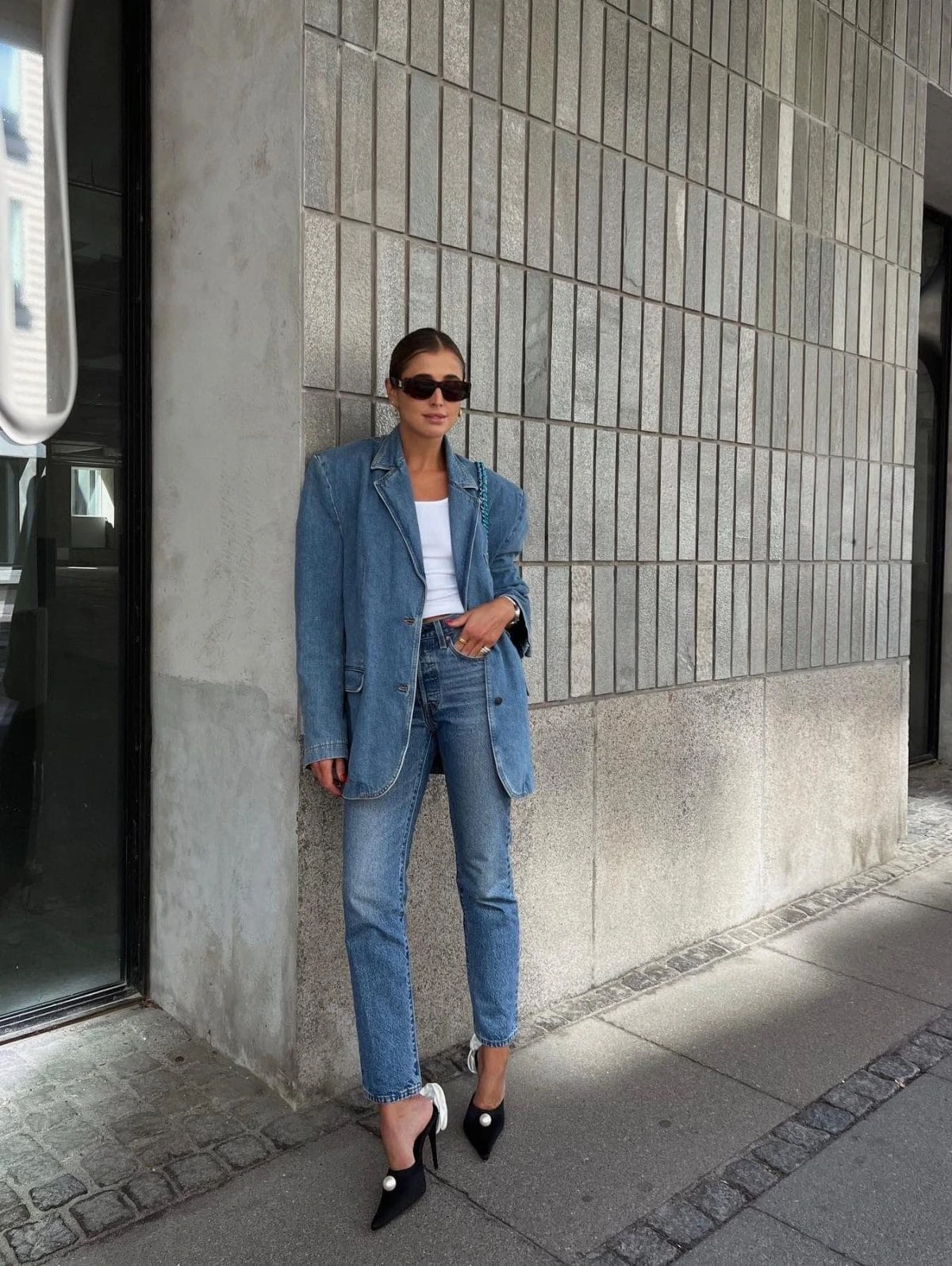 7- Denim Blazer and Straight-Leg Jeans