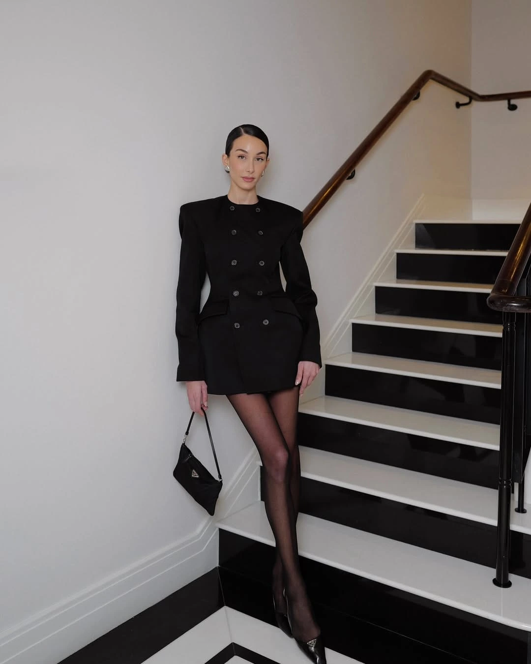 8- Double-Breasted Blazer Dress with Sheer Tights