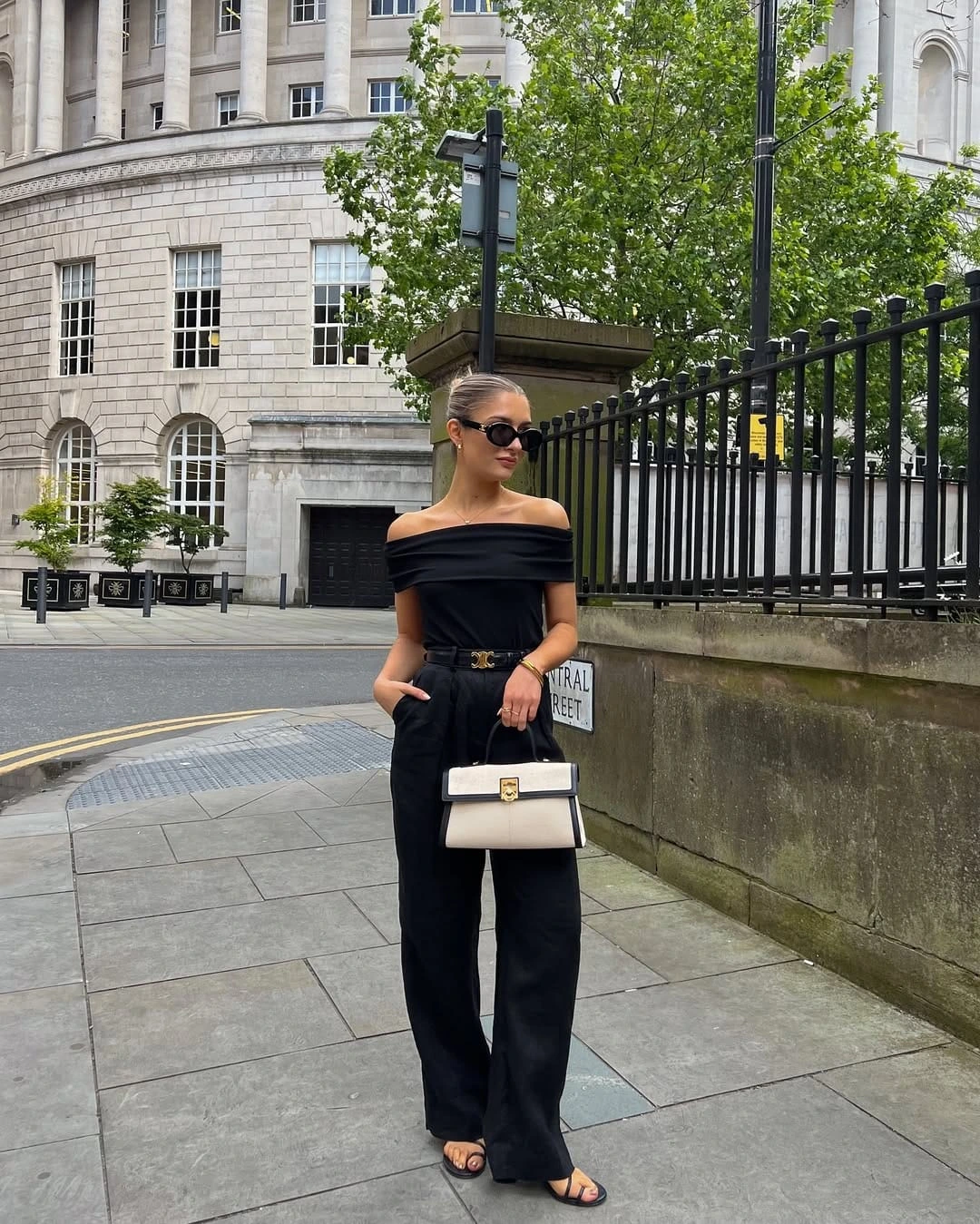 18- Elegant Off-Shoulder Top with Flowing Trousers