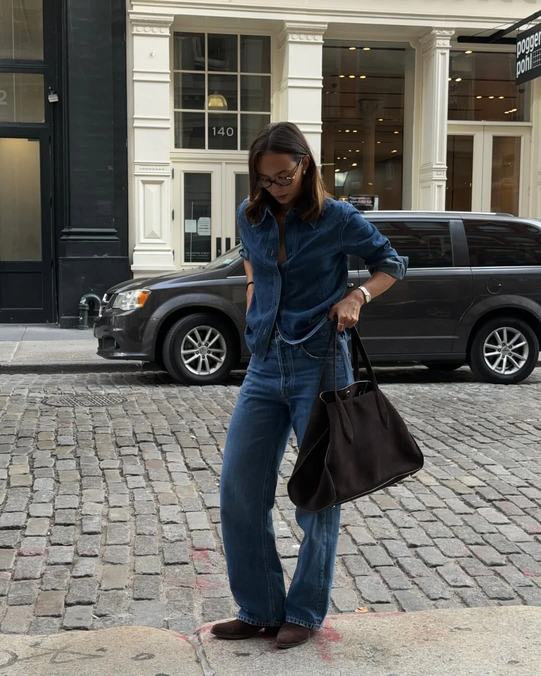 8- Fitted Denim Shirt and Wide-Leg Jeans