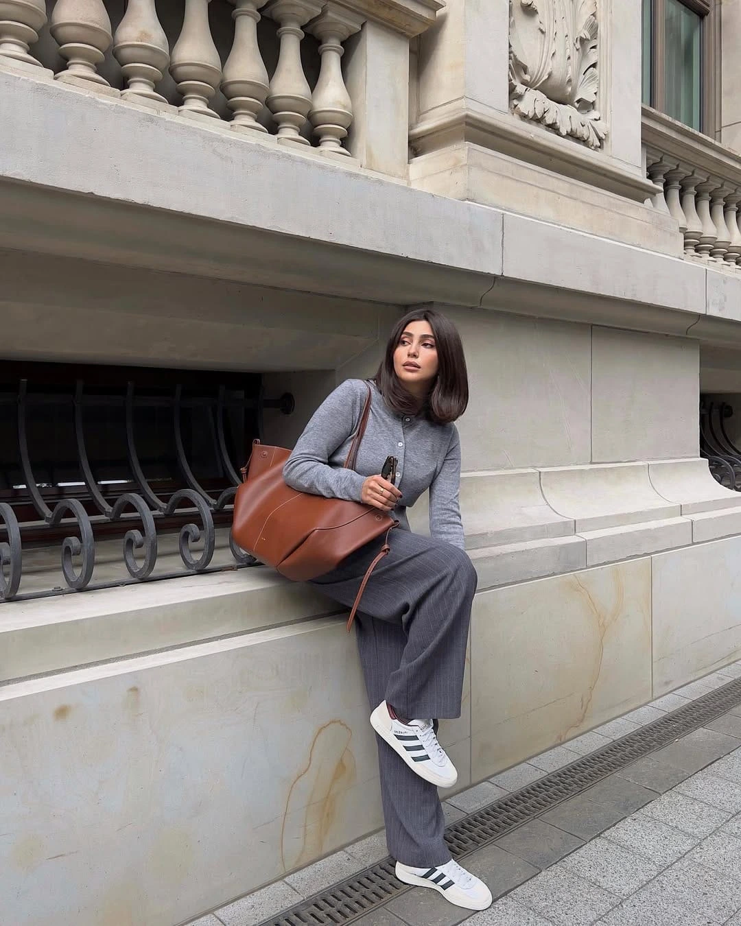 13- Grey Cardigan with Wide-Leg Trousers