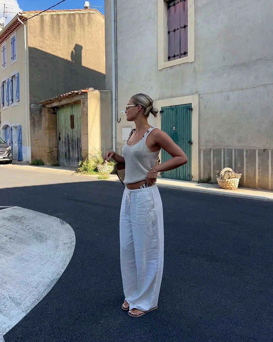 13- Grey Tank with White Linen Wide-Legs