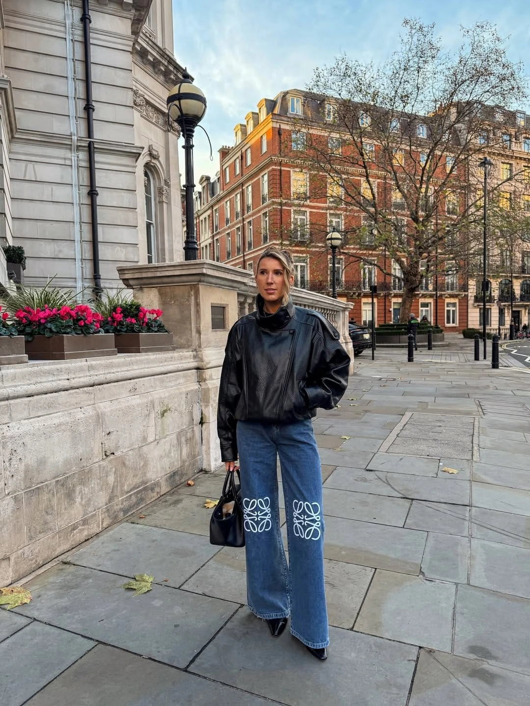 13- Leather Jacket and Embroidered Wide-Leg Jeans