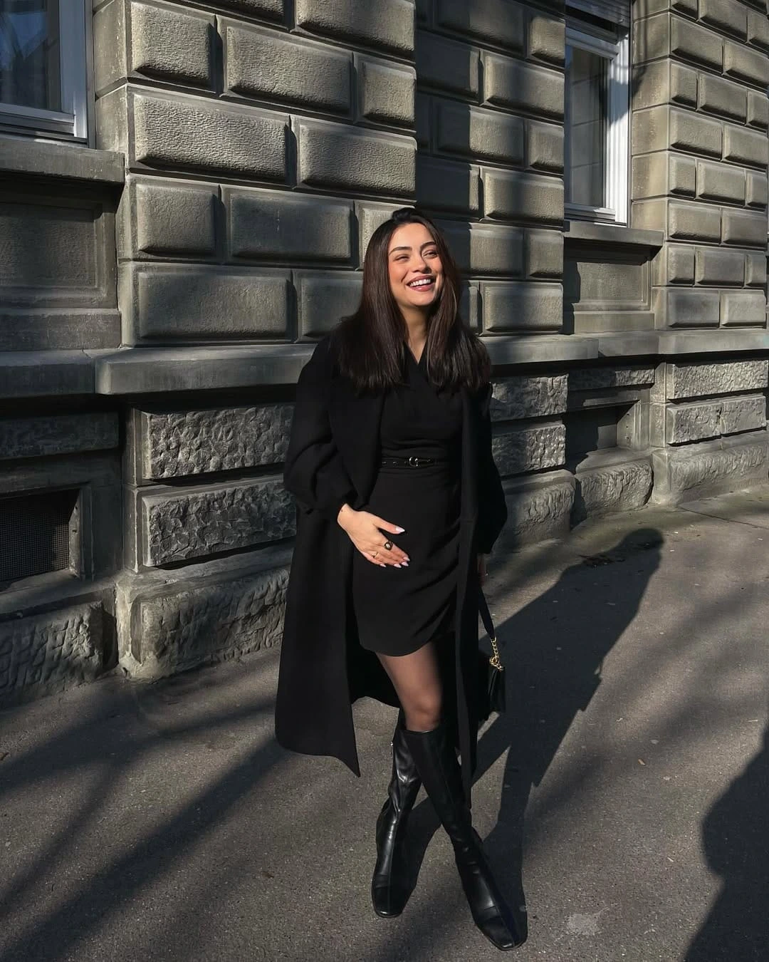 19- Long Coat Over a Belted Mini Dress