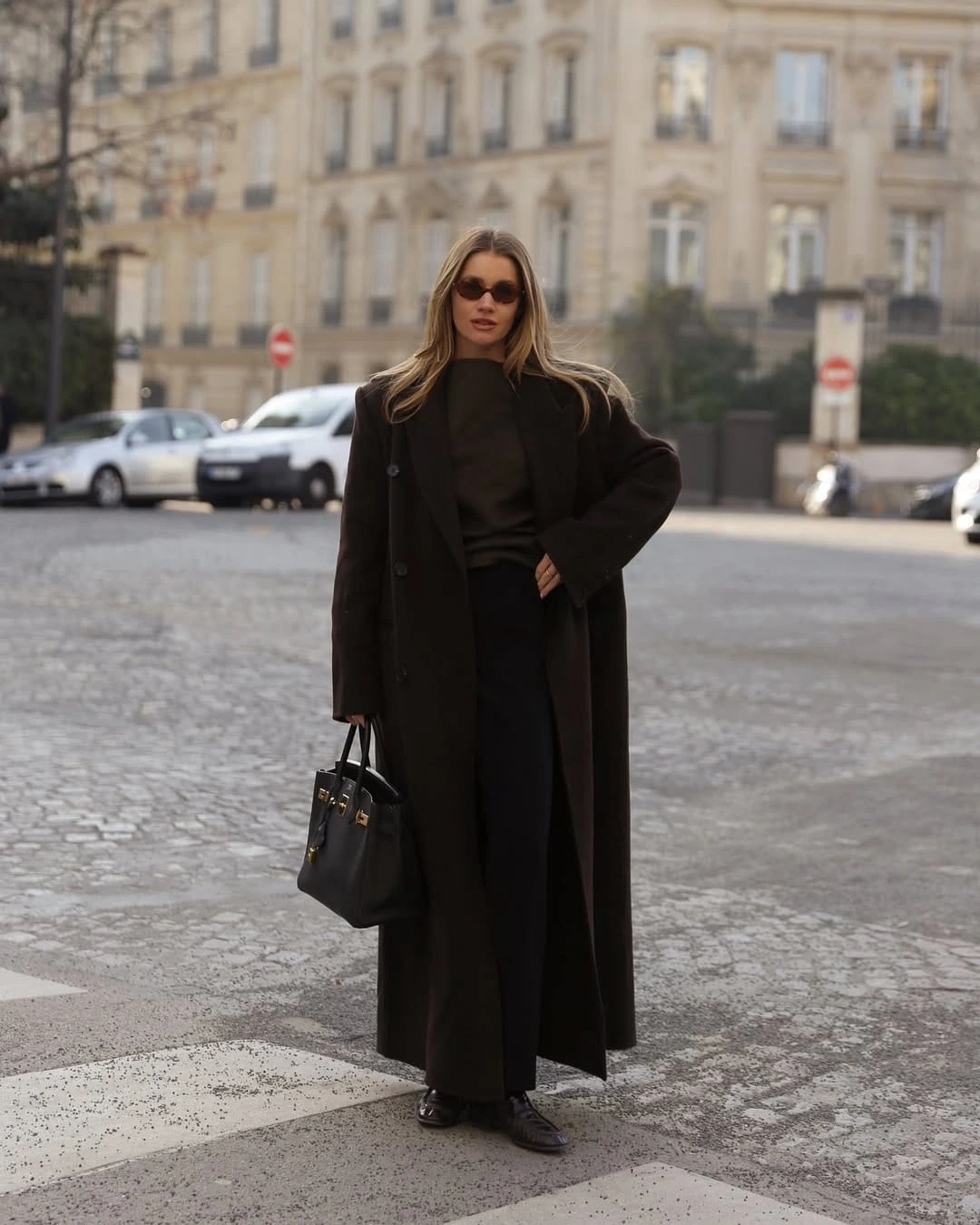 7- Long Dark Coat with Relaxed Trousers