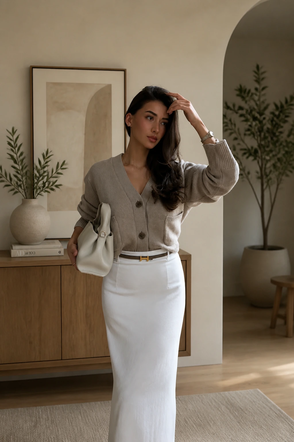 12- Mushroom Cardigan with an Ivory Midi Skirt