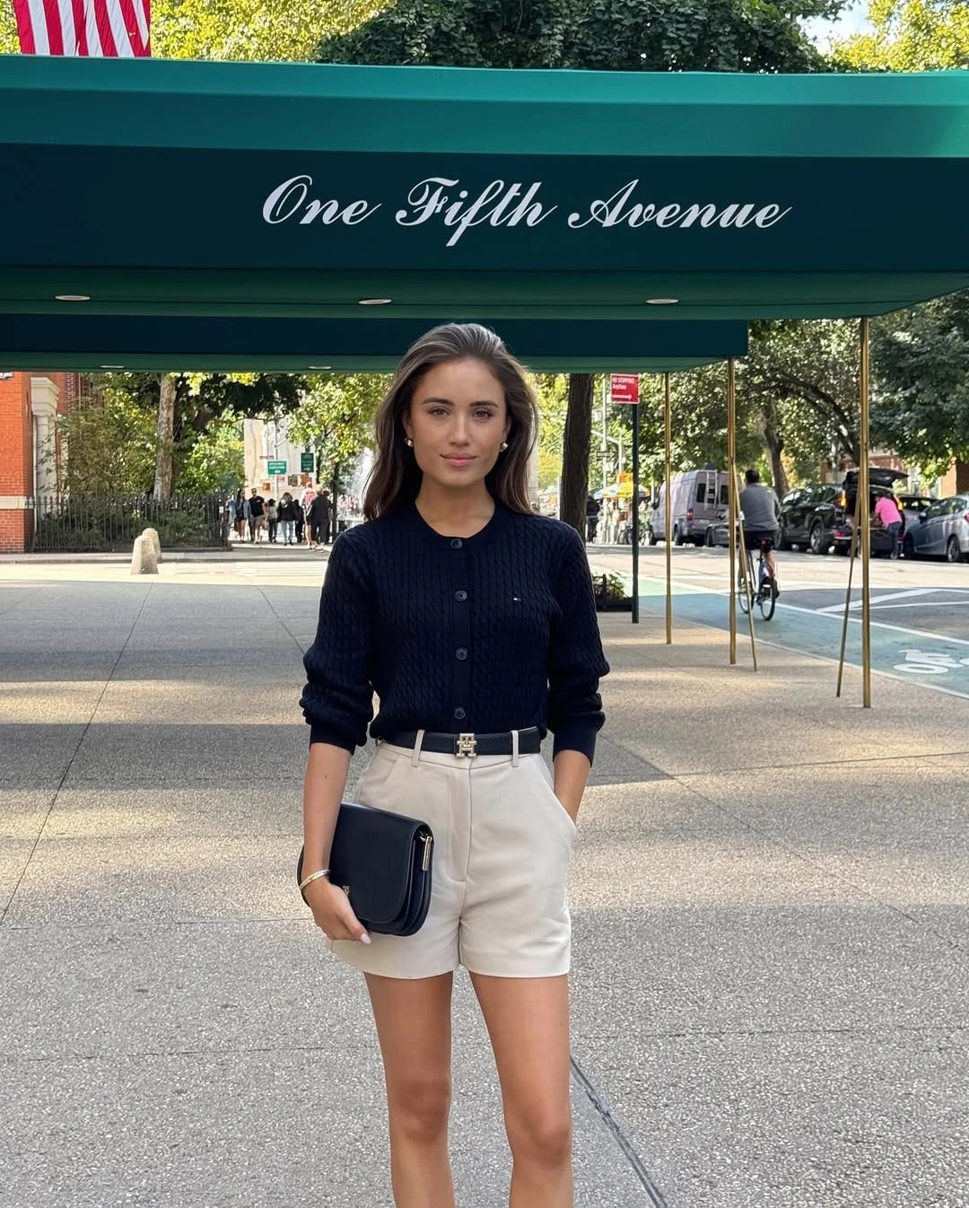 6- Navy Cardigan, Cream Shorts