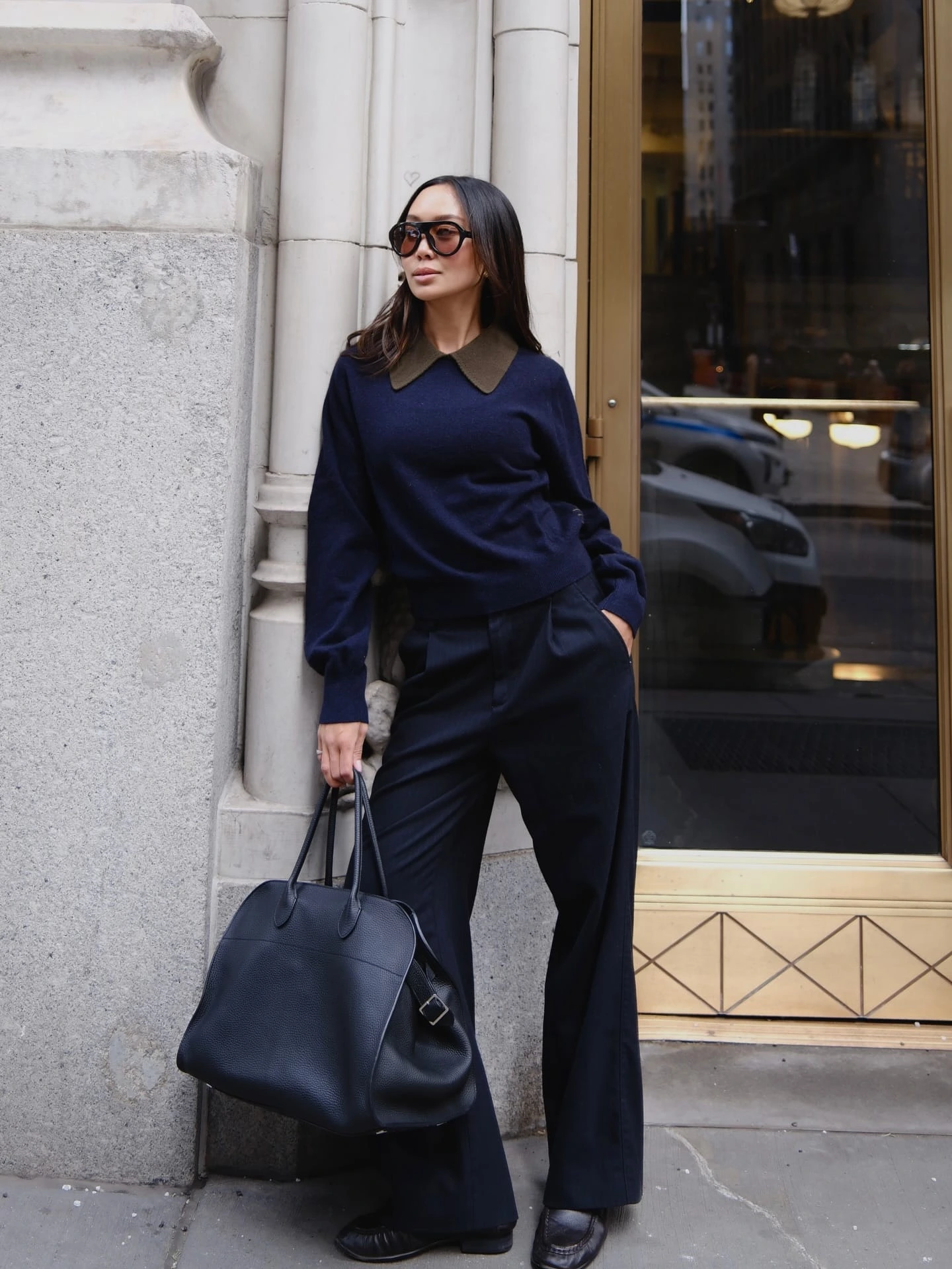 17- Navy Collared Knit and Wide-Leg Trousers