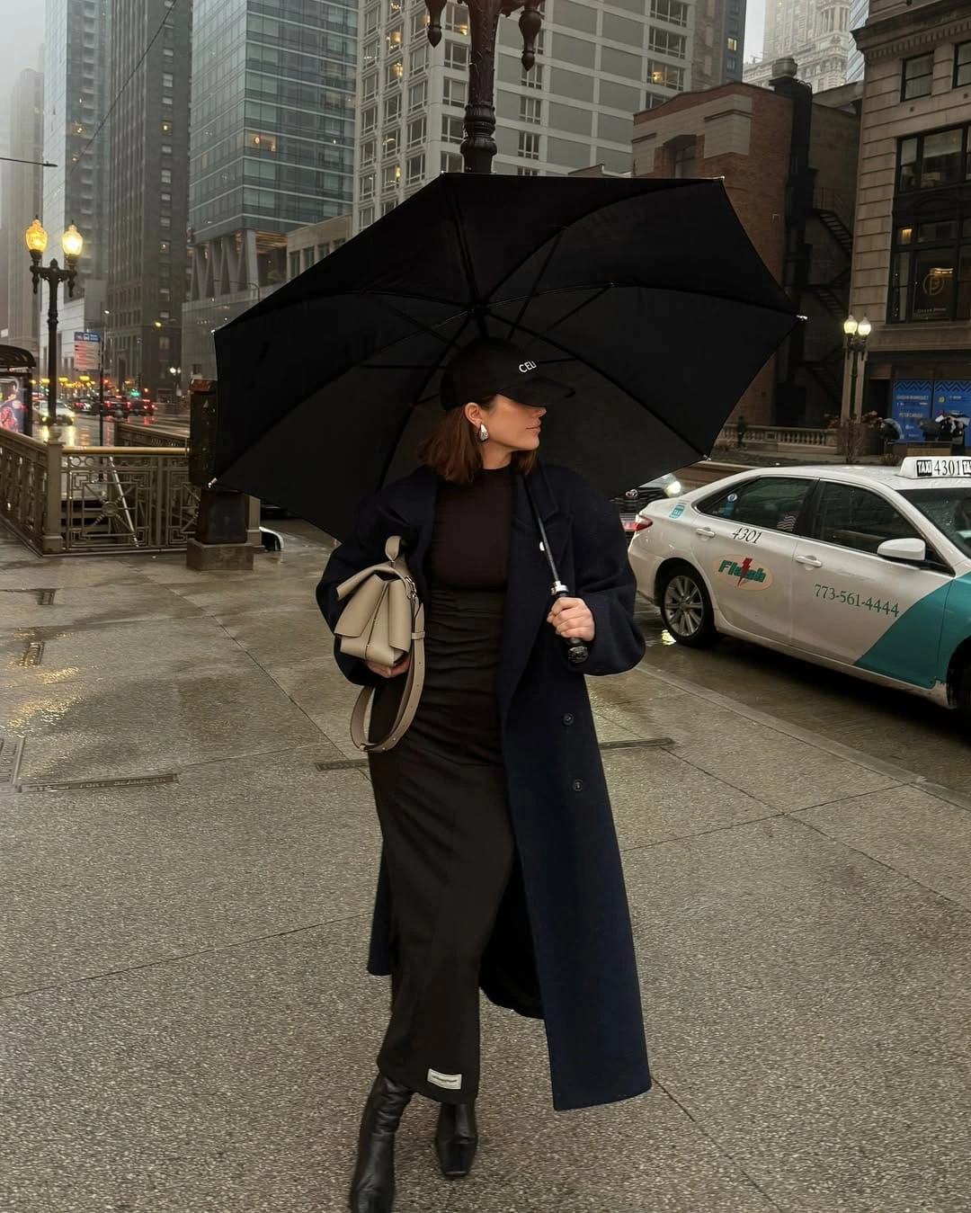 7- Navy Overcoat with a Black Dress