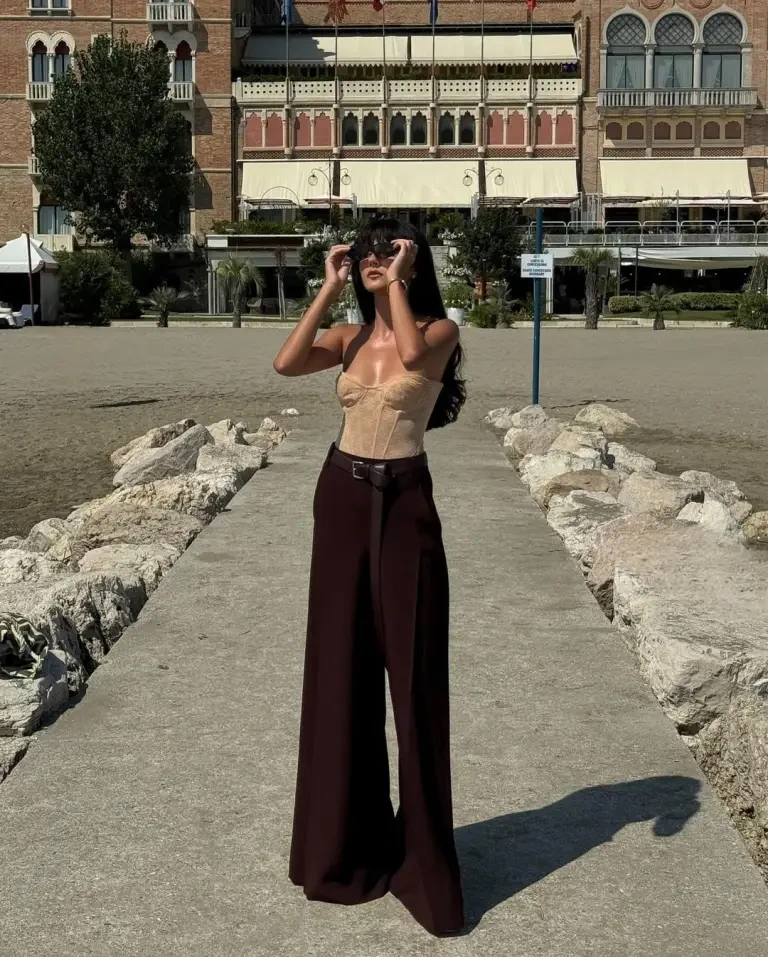 1- Nude Corset and Burgundy Trousers
