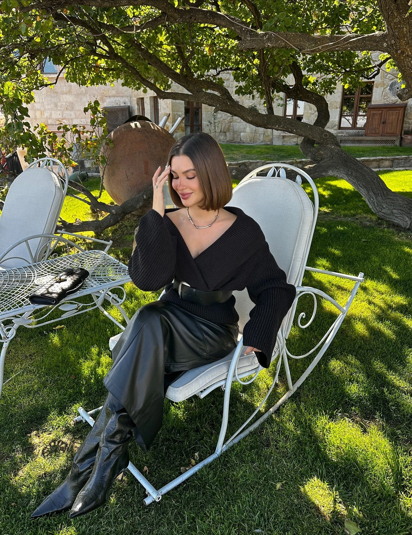 5- Off-Shoulder Knit with Leather Midi