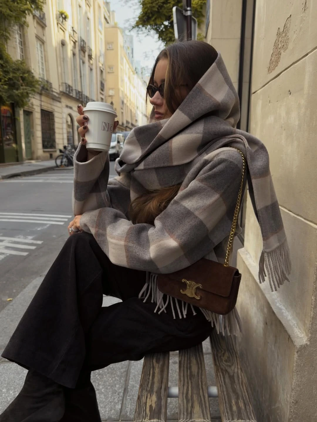 2- Plaid Wrap Coat and Hooded Scarf