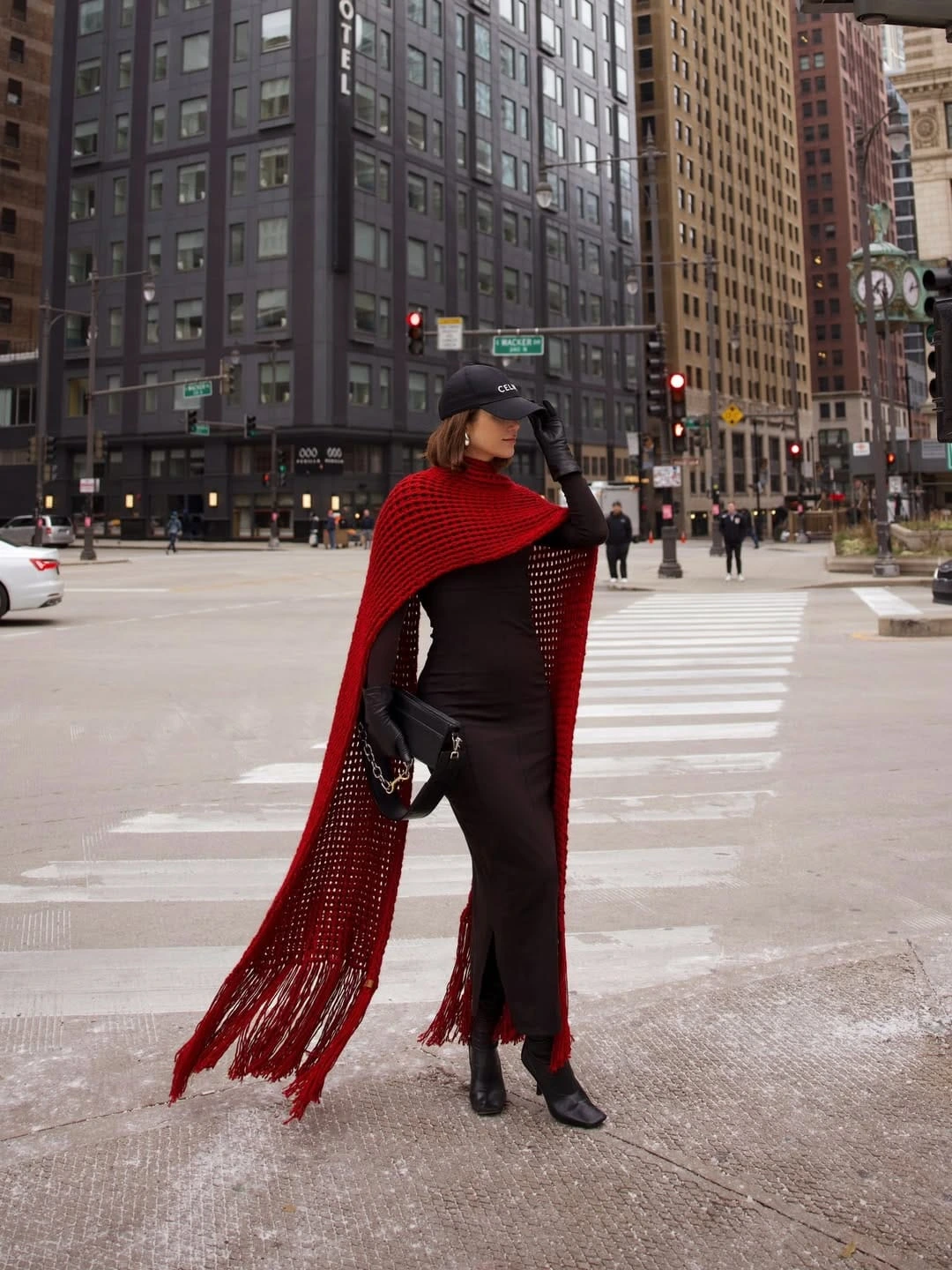 18- Red Knit Cape over a Black Maxi