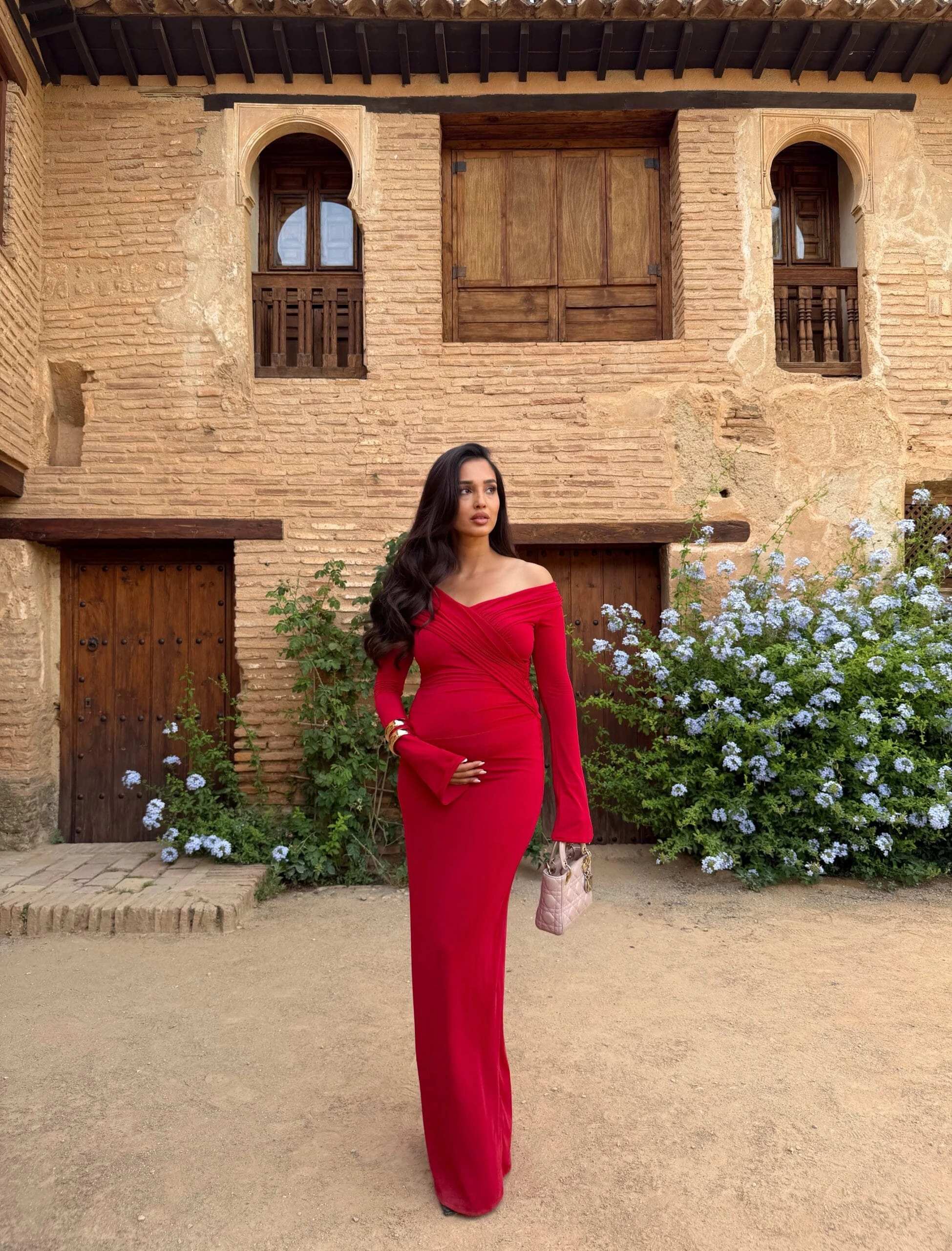 19- Red Off-Shoulder Ruched Gown