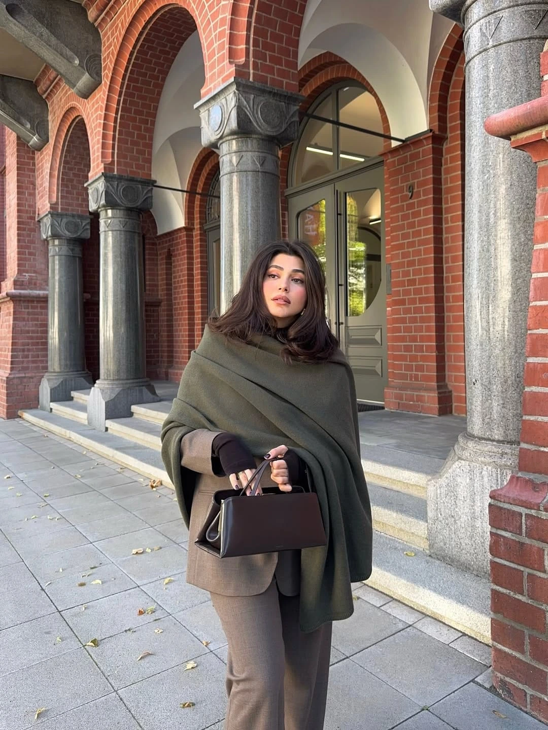 3- Soft Grey Coat with an Oversized Scarf