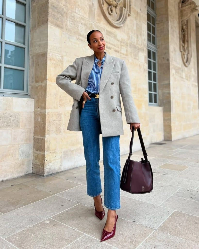 14- Straight-Leg Jeans with Burgundy Heels