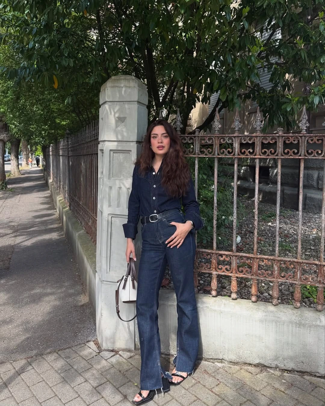 8- Tonal Denim Shirt and Flared Jeans