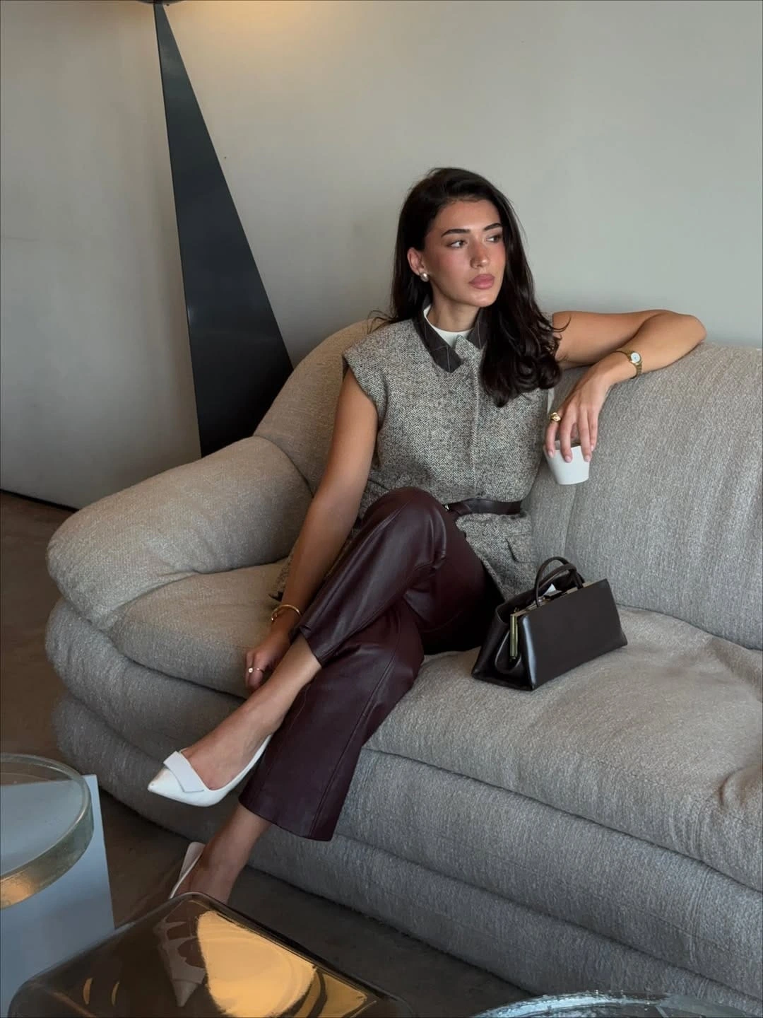 10- Tweed Gilet with Plum Leather Trousers